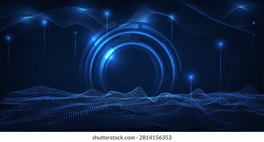 Vector illustrations of abstract digital high technology background with sci fi tunnel on virtual digital terrains.