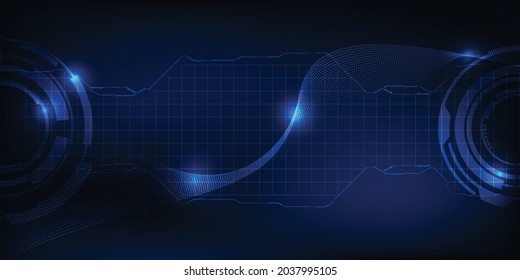 Vector illustrations of Abstract futuristic blue hi tech with grid dot wareform and HUD for digital technology interface artwork.Futuristic digital technology concepts.