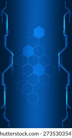 Vector illustrations of abstract futuristic blue vertical technology background with tech frames and hexagon network.