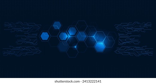 Vector illustrations of abstract futuristic digital hi tech background with glowing blue hexagonal and circuit network pattern.