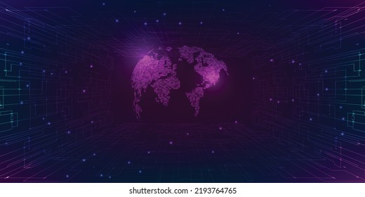 Vector illustrations of abstract purple blue futuristic world digital economic or metaverse with glowing particles around.Digital communication and innovation technology concepts.