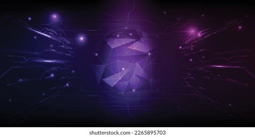 Vector illustrations of abstract purple blue futuristic world digital economic or metaverse with glowing particles around.Digital communication and innovation technology concepts.