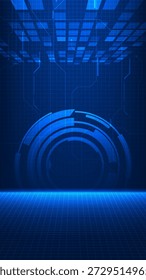 Vector illustrations of abstract technology vertical background with perspective view of grid floor and grid plane on top and circle HUD.