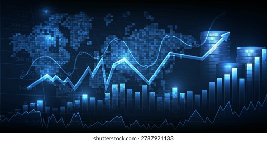 Vector illustrations of abstract world economics background with coins stack and stock market growth graph or chart on world map.
