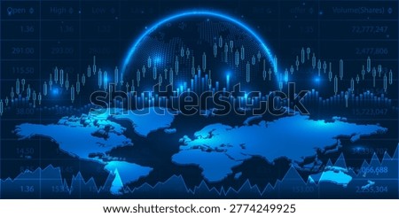 Vector illustrations of abstract world economics artwork and background with blue neon planet and world map and candlestick graph and chart.