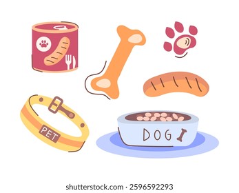Vector illustrations of accessories and dog food. A collar, a bone, canned food, a bowl of dry food, a sausage, a dog's paw. A colorful set of icons made in a flat style. Pet store concept, pet care.
