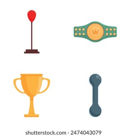 Vektorillustrationen von Leistungssymbolen wie Pokal, Medaille, Stift und Gewichte für Spiele und Wettbewerbe