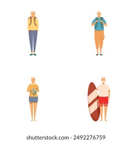 Vector illustrations of an active and carefree senior man enjoying his leisure time and engaging in various retirement activities while wearing casual summer outfits and beachwear