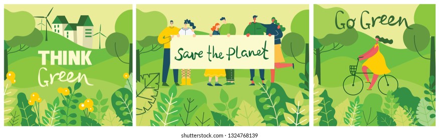 Vector illustrations with activists people holding placard on the nature, in the forest with green landscape veiw in the flat design and eco quote Save the planet 