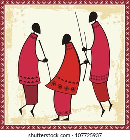 Vector illustrations of African Masai warriors in traditional clothing.