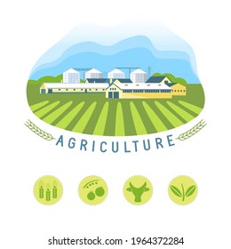 Vector illustrations with agriculture concept. Farm land, agricultural landscape und agrarian complex. Set of agricultural icons