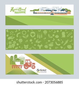 Ilustraciones vectoriales con el concepto de agricultura. Tierras agrícolas, paisaje agrícola y complejo agrario. Conjunto de íconos agrícolas