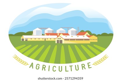 Vector illustrations with agriculture concept. Farm land, agricultural landscape und agrarian complex. 