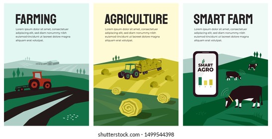 Vector illustrations with agriculture, farming, livestock, tractor, hayfield, haystack rolls, pasture.  Smart farm with data collection from cows using smartphone, sensors. Template for banner, poster