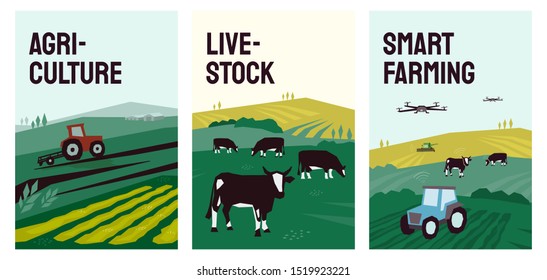 Vector illustrations of agriculture, farming, livestock, tractor plows on field, farmland, landscape, cow in pasture. Smart farm with drone control. Template for banner, poster, flyer, report, web, ad