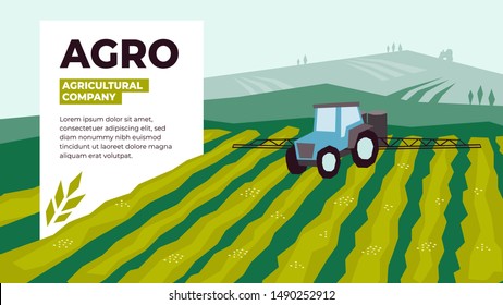 Vector illustrations of agriculture with irrigation tractor spraying on field. Design for agricultural company with tractor pours fertilizer. Template for banner, annual report, prints, flyer, layout.