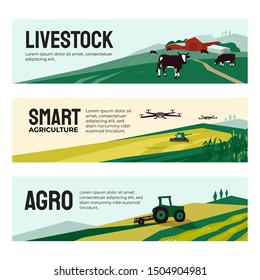 Vector illustrations of agriculture, smart farm with drone control, livestock, agricultural buildings. Set of banners with tractor on field, cows in pasture. Template for web, prints, annual report.