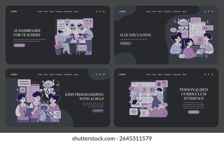 Vector illustrations of AI-powered education platforms featuring teachers and students interacting with digital tools. Scenes include dashboards, programming, and personalized interfaces.