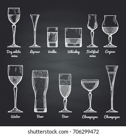 Free Vector  Alcohol drinks glassware set with isolated realistic icons of  glasses with champagne beer wine and whiskey vector illustration