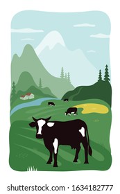 Vector illustrations of Alpine landscape with cows in meadow, houses and river. Green hills, valley and mountains in pines. Background with outdoor nature view in countryside for dairy, milk packaging