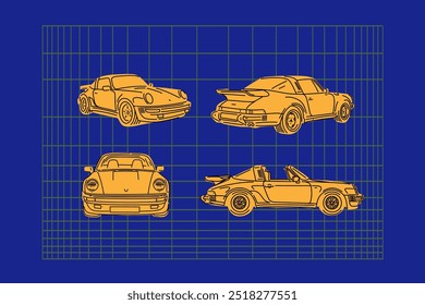 Vector illustrations for apparel prints and other uses. Hand drawn sports cars. 