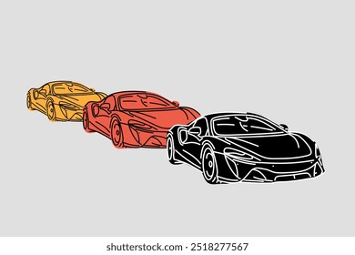 Ilustrações vetoriais para impressões de vestuário e outros usos. Carros de esporte desenhados à mão. 