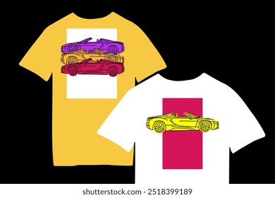 Vector illustrations for apparel prints and other uses. Hand drawn sports cars. T-shirt mockup, automotive outfit.