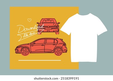 Vector illustrations for apparel prints and other uses. Hand drawn sports cars. T-shirt mockup, automotive outfit.