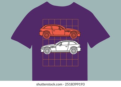 Vector illustrations for apparel prints and other uses. Hand drawn sports cars. T-shirt mockup, automotive outfit.