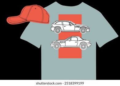 Vector illustrations for apparel prints and other uses. Hand drawn sports cars. T-shirt mockup, automotive outfit.