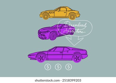 Vector illustrations for apparel prints and other uses. Hand drawn sports cars. 