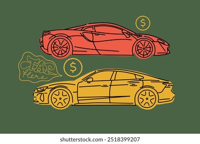 Vector illustrations for apparel prints and other uses. Hand drawn sports cars. 