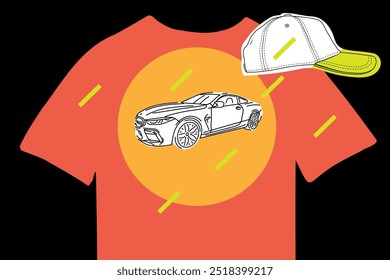 Vector illustrations for apparel prints and other uses. Hand drawn sports cars. T-shirt mockup, automotive outfit.