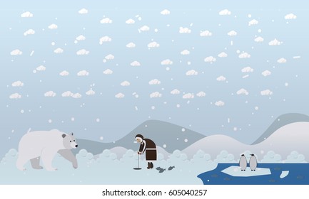 Vector illustrations of arctic landscape, eskimo man fishing, polar bear coming near him and penguins on ice. Flat style design elements.