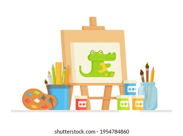 Vector illustrations for art school, painting studio, art study concept. Artists tools, brush, paint, palette, easel, brush, canvas highlighted in white. 