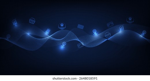 Vector illustrations of artificial intelligence streaming big data in marketing stratege.Futuristic technology concept.