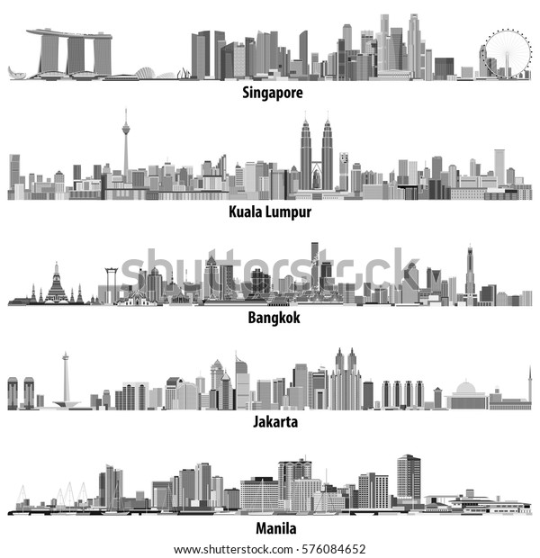 白黒のカラーパレットにアジアの都市 シンガポール クアラルンプール バンコク ジャカルタ マニラ のベクターイラスト のベクター画像素材 ロイヤリティフリー