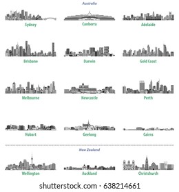 vector illustrations of Australian and New Zealand city skylines in grey scales color palette