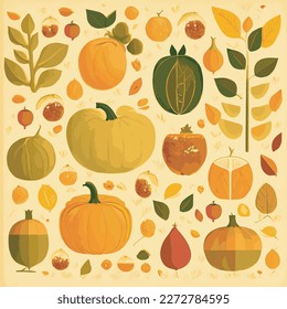 Vector illustrations of autumn objects: fruits and vegetables, harvest, trees, leaves, plants, pumpkin, pomegranates, figs and nuts. Cute freehand drawings to create a poster or card