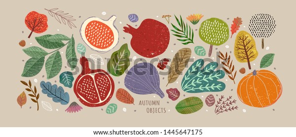 秋物のベクターイラスト 果物 野菜 収穫 木 葉 植物 カボチャ ザクロ イチジク ナッツ ポスターやカードを作るための かわいいフリー ハンドの絵 のベクター画像素材 ロイヤリティフリー 1445647175