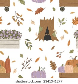 
Vector illustrations with autumn pumpkins and amazing flowers. Seamless pattern with cozy autumn pumpkins.