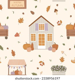 Vector illustrations with autumn pumpkins, cozy houses and delightful flowers. Seamless pattern with cozy autumn house and pumpkins.
