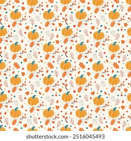 Vector illustrations. Autumn seamless pattern,  pumpkin pattern with leaves. Cute freehand drawings to create a poster, card, wallpaper.