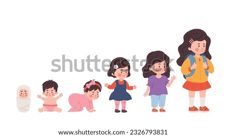 Vector illustrations of baby growth process. From newborn to preschool child, junior, girl toddler. Concept childhood, age changes progress in cartoon style, isolated on white background