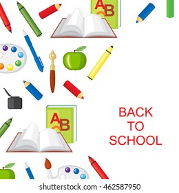 Vector illustrations of back to school congratulatory card with ABC book, pen, palette, pencil