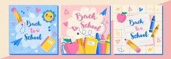 Vector Illustrations. Back To School. Set Of Templates In Pastel Colors With Cute School Supplies. Perfect For Social Media, Print, Flyers, Postcards Advertising And More
