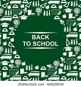 Vector illustrations of back to school symbols greeting card round design with text on green background