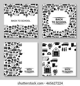 Vector illustrations of back to school symbols greeting card with text isolated on white background set