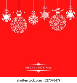 Vector illustrations of background with hanging Christmas baubles and snowflakes on red background