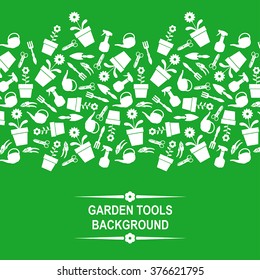 Vector illustrations of background with silhouette of garden tools on green background